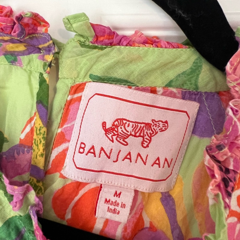 Banjanan Green Floral Short Sleeve Blouse with Pink & Orange Accents - Picture 3 of 3